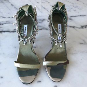 Manolo Blahnik Green and Cream Crystal-Ankle Strap Sandals